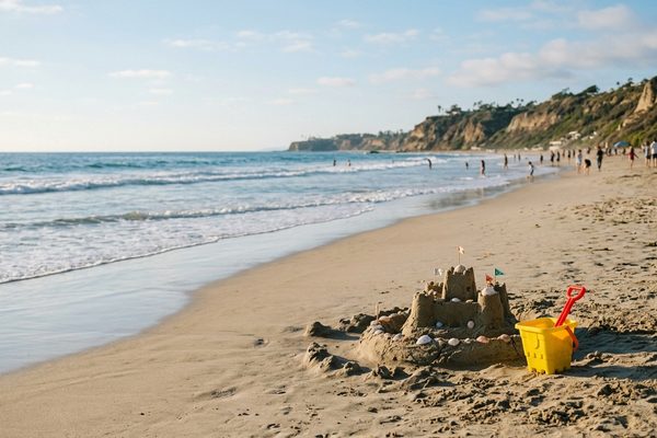 A sandcastle with small flags and a yellow bucket and shovel on a wide Southern California beach, with gentle waves and distant beachgoers.