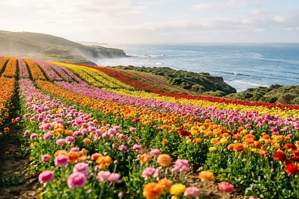 Illustrative scene of rows of orange, pink, yellow and red ranunculus flowers on a coastal hillside above the Pacific Ocean in morning light