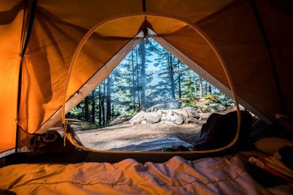 A view from inside an orange tent, over a sleeping bag, out to a forest campsite with tall evergreen trees and boulders.