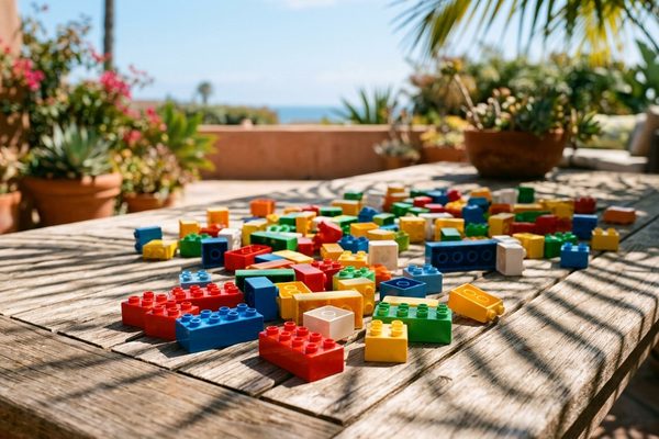 Colourful plastic building bricks scattered across a sunny wooden patio table, with flowering plants, terracotta pots and palm shadows in the background.