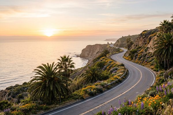 A winding coastal road above the Pacific at sunset, lined with palm trees and wildflowers on the bluffs, with calm ocean and hazy headlands beyond.