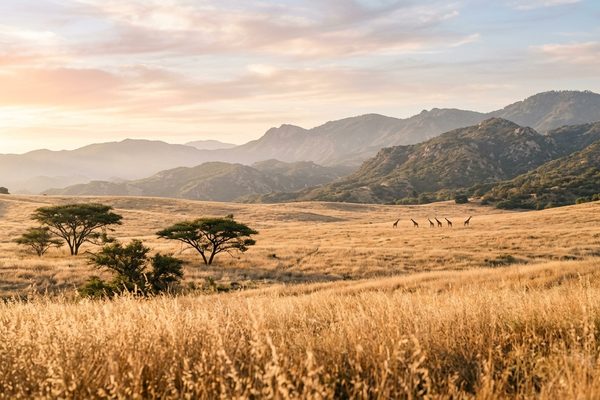 Golden grassland dotted with flat-topped trees at sunrise, with a few giraffes far off and chaparral-covered hills beyond