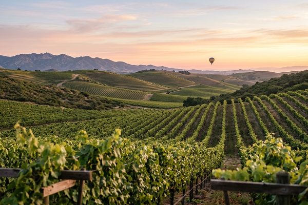 Rows of grapevines on rolling hills at sunrise with a single hot-air balloon far off in a pink and gold sky