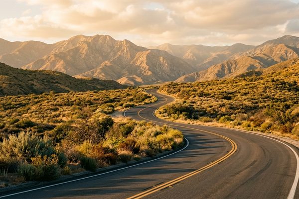A winding two-lane highway through Southern California desert scrub and chaparral toward rugged mountains in warm late-afternoon light.