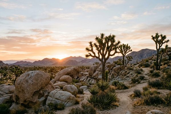 Joshua trees and rounded granite boulders in the Mojave Desert at sunrise, with distant mountains under a pastel sky.