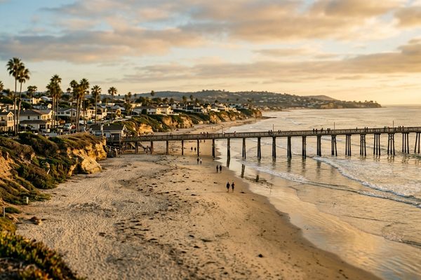 A North County San Diego beach at golden hour, with low sandy bluffs, palm trees, a wooden pier and a few people walking at the waterline