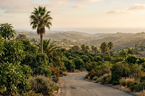 A quiet North County San Diego country road winding past avocado trees and palms through golden-hour hills, with a faint ocean haze on the horizon