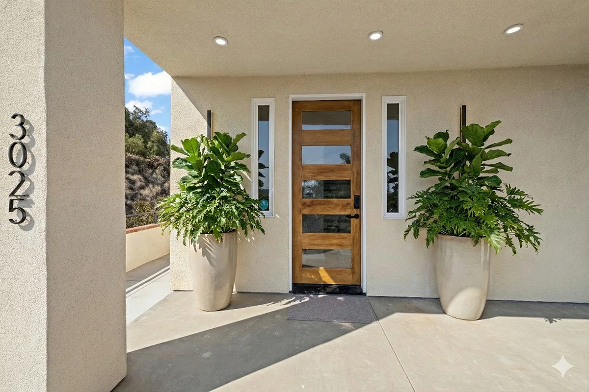 Wood front door flanked by large potted green plants